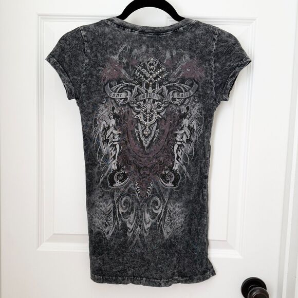 American Age Tops - Women American Age V Neck Y2k Vintage Eagle Rhinestones Graphic Tee Black Gray